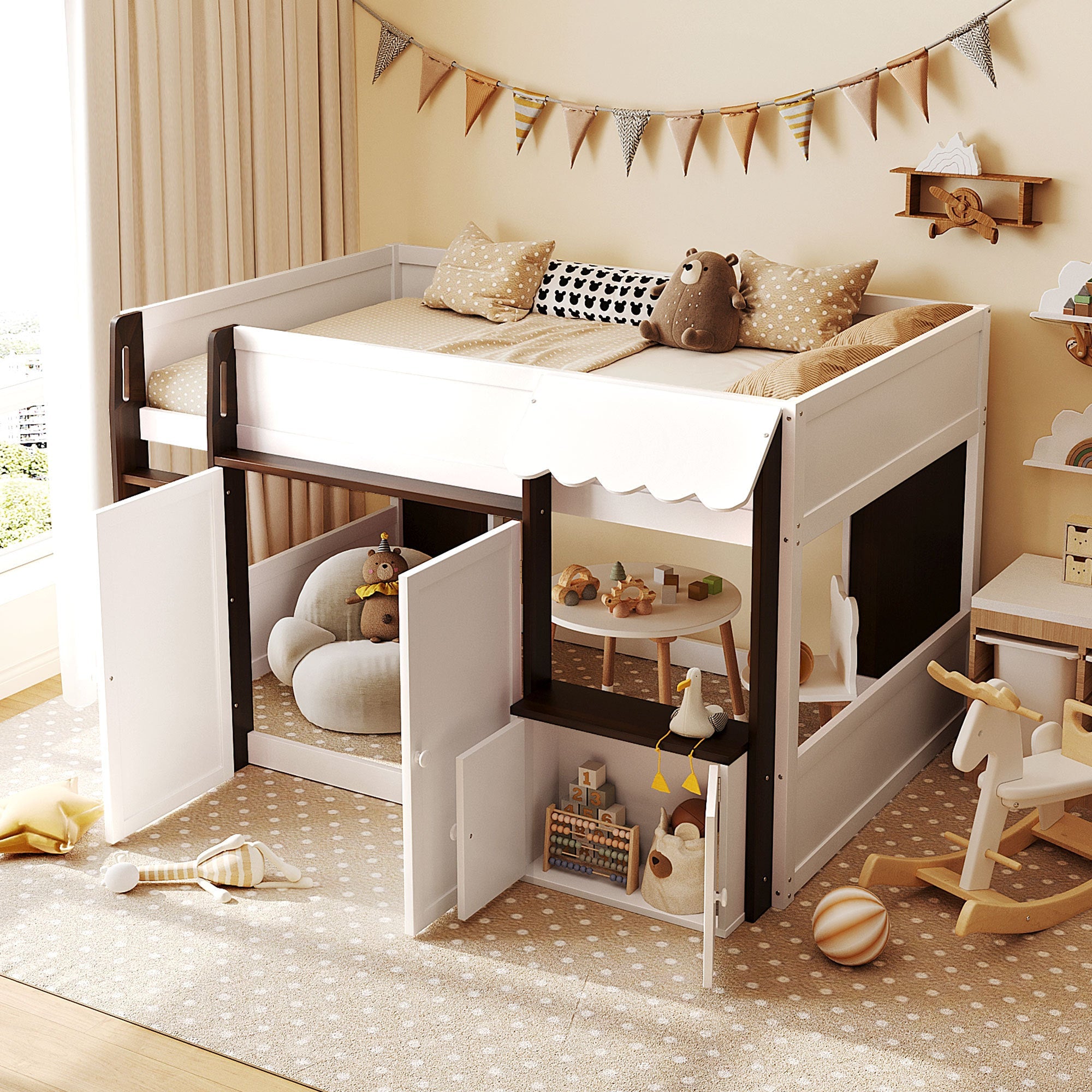 Full Loft House Bed with Playhouse & Storage, Modern Wood Cabin Bed for Kids/Teens, White+Espresso