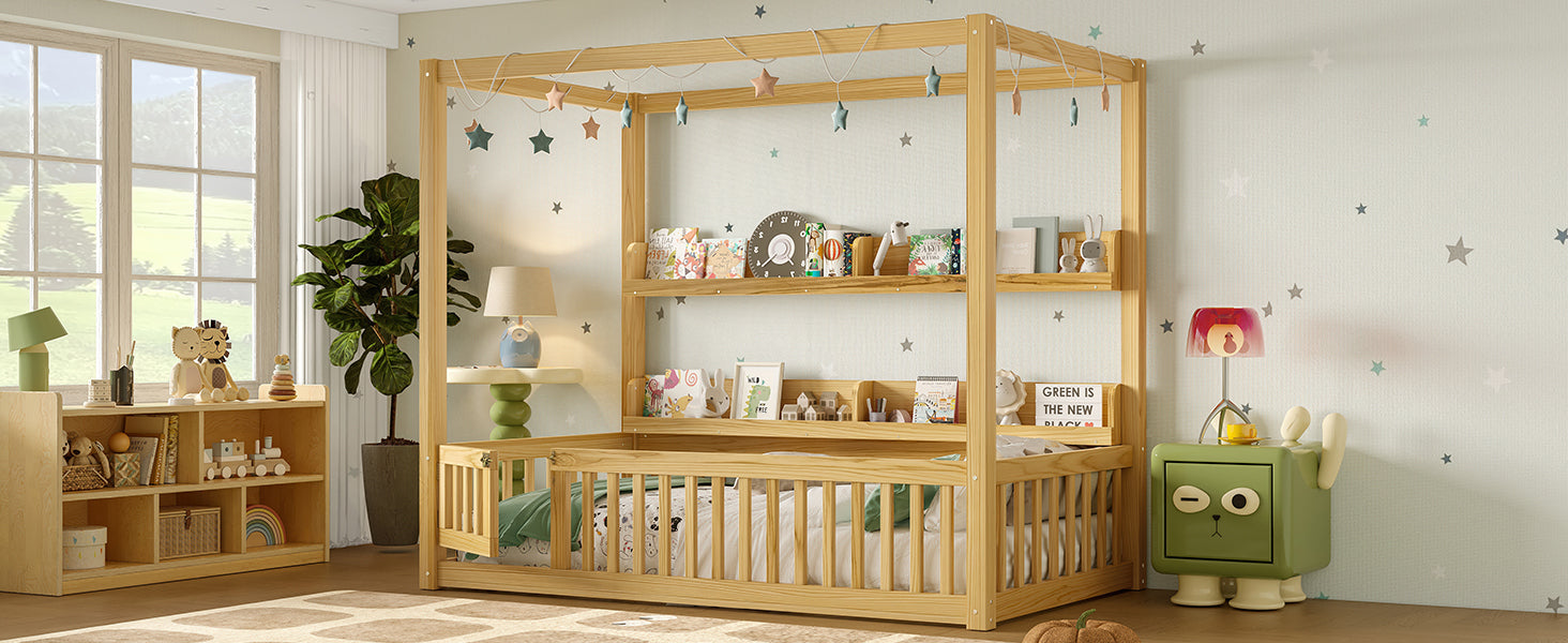 Twin Size Canopy Bed with Guardrails, Solid Wood Floor Bed with Shelves, Montessori Floor Bed Frame for Kids, Boys, Girls, No Spring Box Needed, Natural