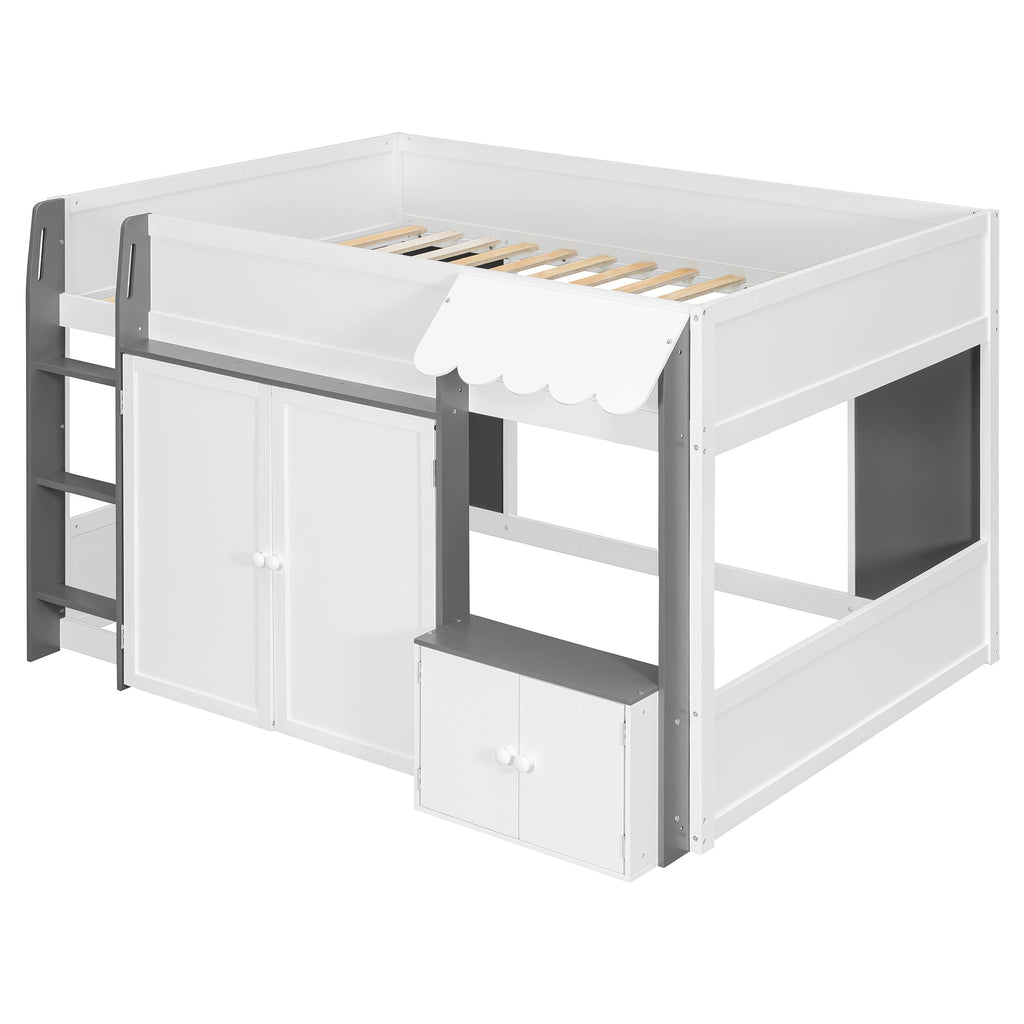 Full Loft House Bed with Playhouse & Storage, Modern Wood Cabin Bed for Kids/Teens, White+Gray