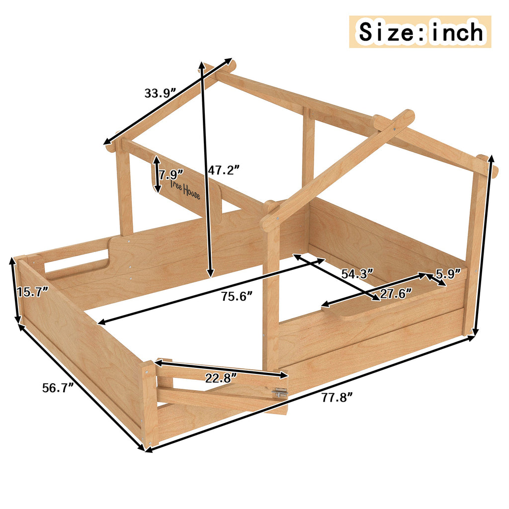 Full Size Floor Bed with Guardrails and Roof, Kids House Floor Bed with a Small Built-in Tray and Free-installed Signboard, Childlike Design, Natural