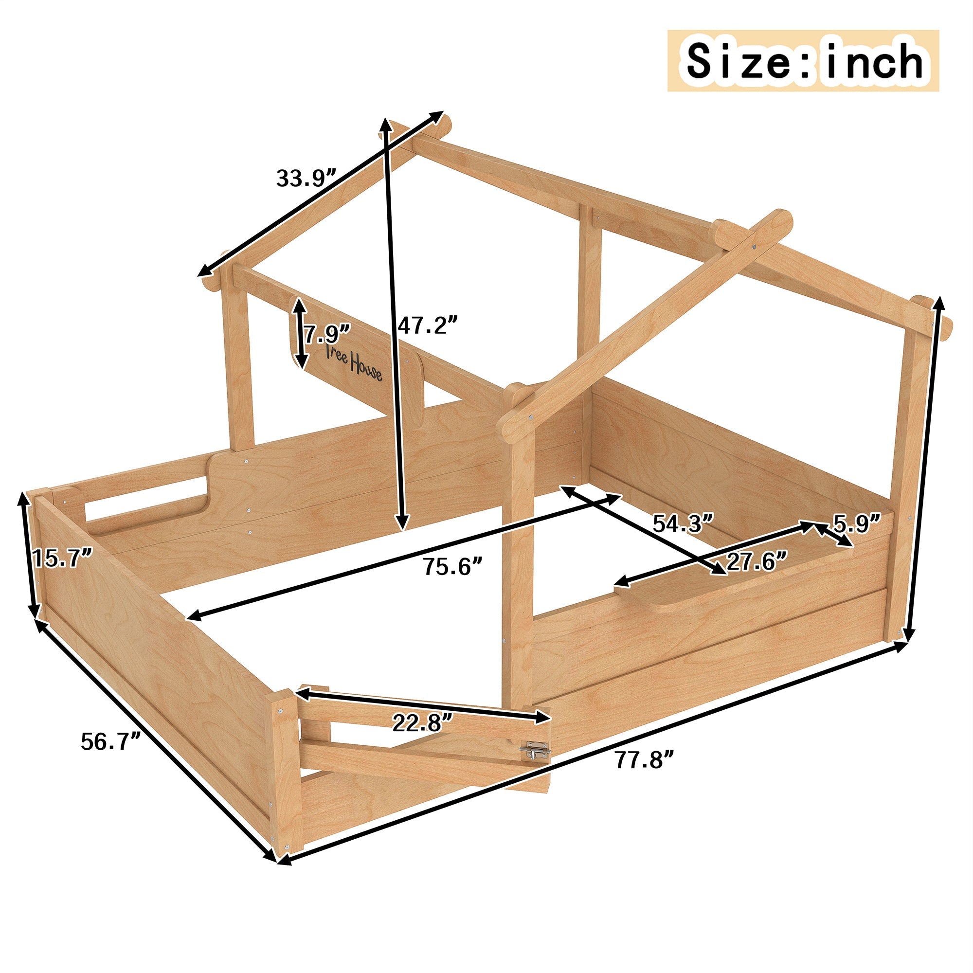 Full Size Floor Bed with Guardrails and Roof, Kids House Floor Bed with a Small Built-in Tray and Free-installed Signboard, Childlike Design, Natural