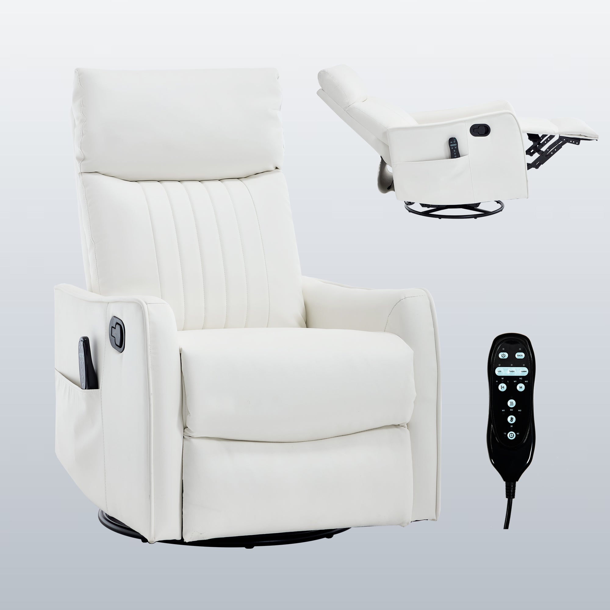 White Heat Massage Manual Recliner Chair with Rocker and Swivel in Faux Leather for Living Room