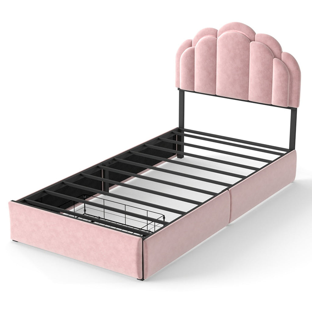 Velvet Petal Platform Bed with RGB LED Lights & Storage Drawers, Pink Wood+Metal Design, 72' L x 43' W x 39' H