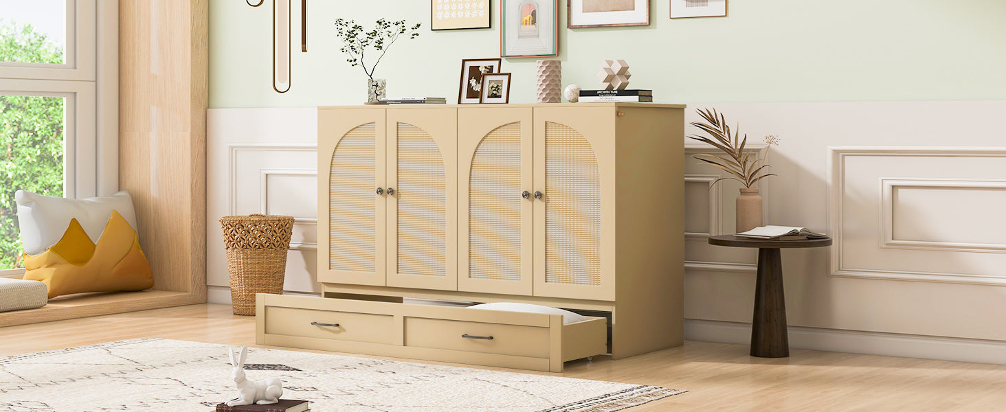 Full Size Murphy Bed with Large Drawers, Gold