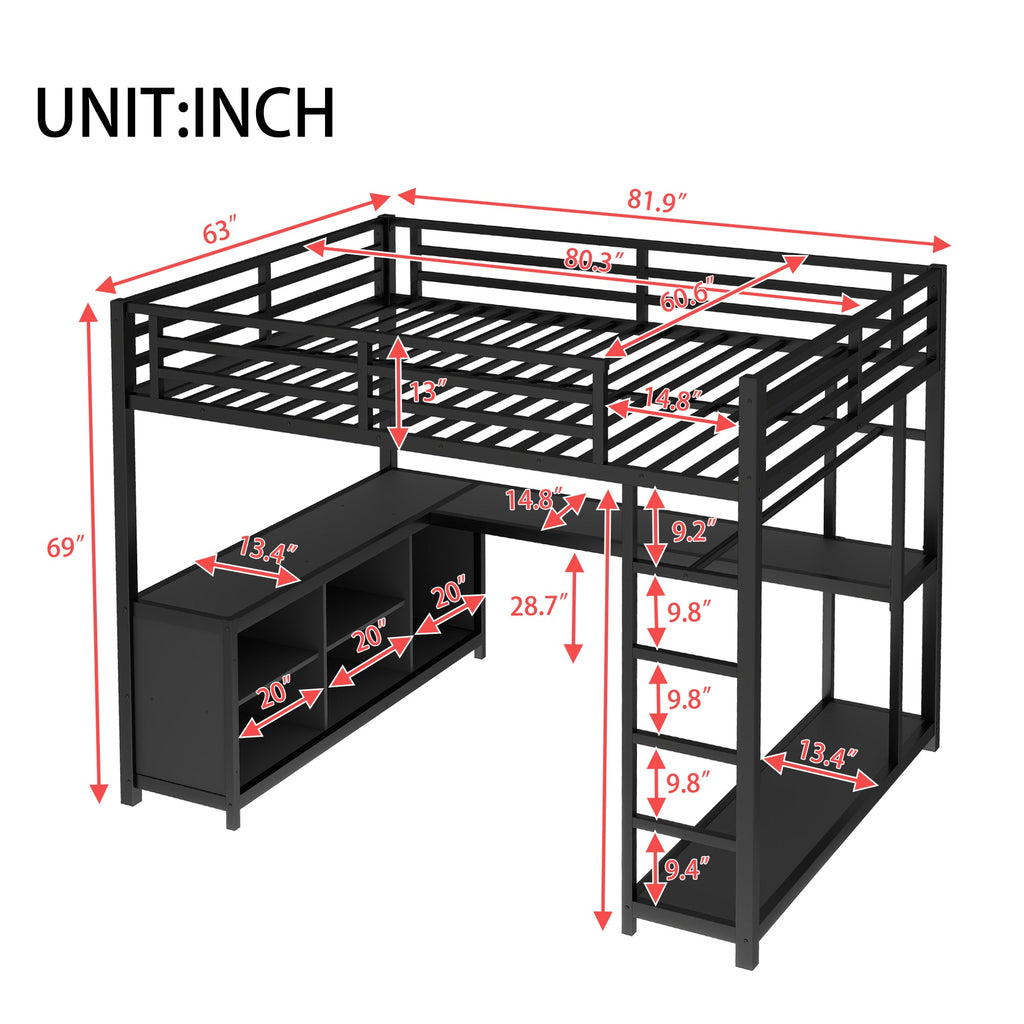Metal Loft Bed with Wardrobe and L-shaped Desk, Queen Size Loft Bed with Storage Cubes and Shelves, Loft Bed for Kids Teens Adults, Black