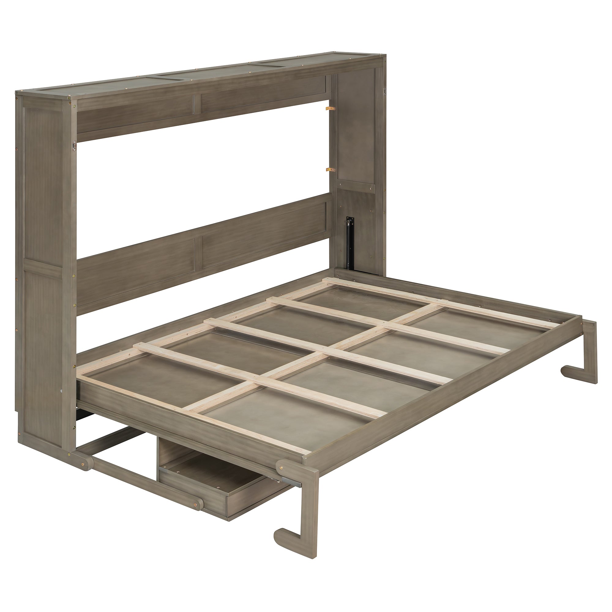 Queen Size Wall Murphy Bed with Storage, Foldable Cabinet Bed with Vanity Desk, Center Mirror & 2 Side Drawers, Distressed Gray