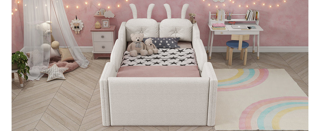 Twin Size Upholstered Platform Bed with Rabbit Cushion, Kids Floor Upholstered Bed with Removable Side Rails, White(Expect Arrival Date 2025/1/15)