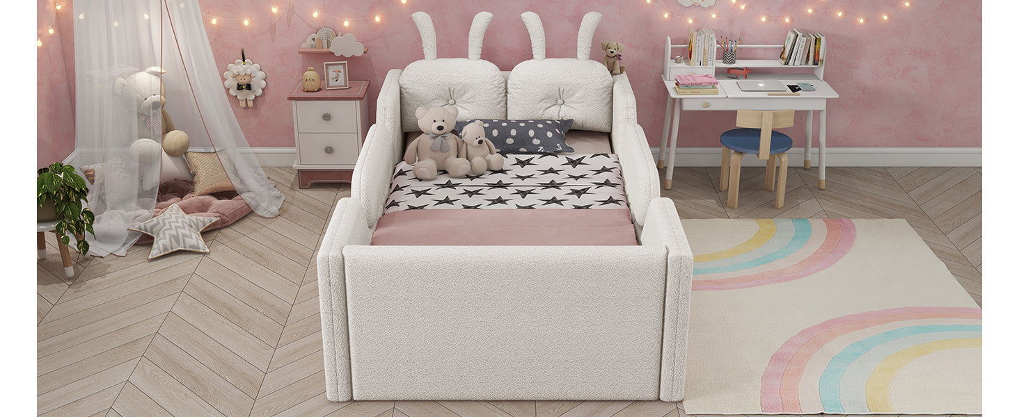 Twin Size Upholstered Platform Bed with Rabbit Cushion, Kids Floor Upholstered Bed with Removable Side Rails, White(Expect Arrival Date 2025/1/15)
