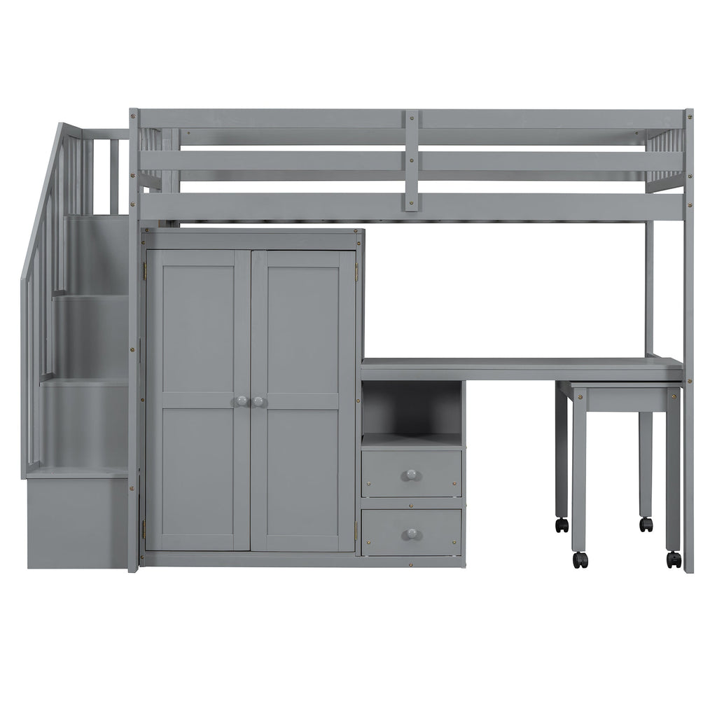 Twin Size Loft Bed with Stairs, Bookshelf, Drawers, Desk & Wardrobe – Space-Saving Multifunctional Furniture for Kids & Teens-Gray