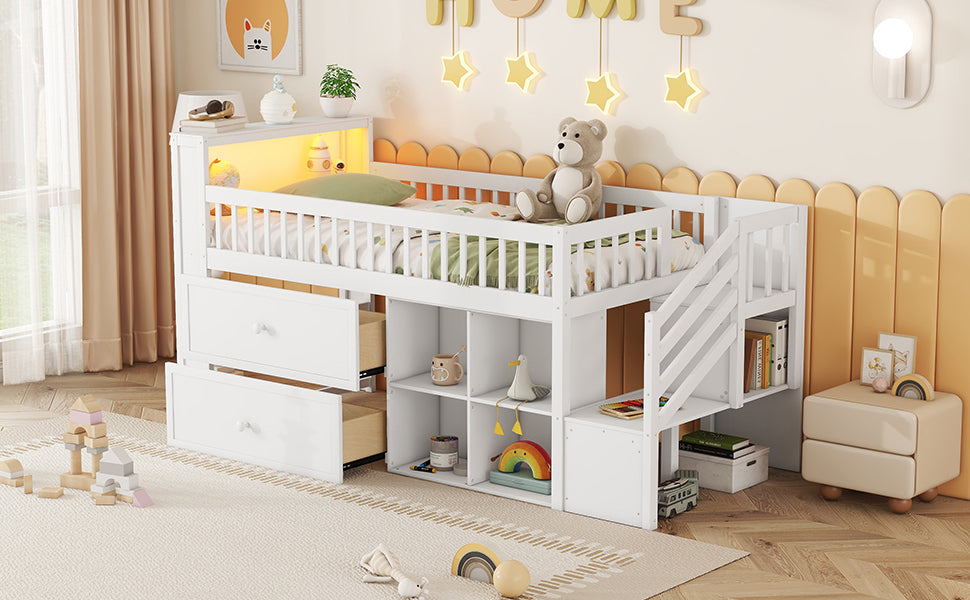 Twin Size Loft Bed with LED and Bookshelf, Wood Low Loft Bed with Stairs, Kids Twin Loft Bed with Storage Drawers and Shelves,White (Expect Arrival Date 2025/1/20)