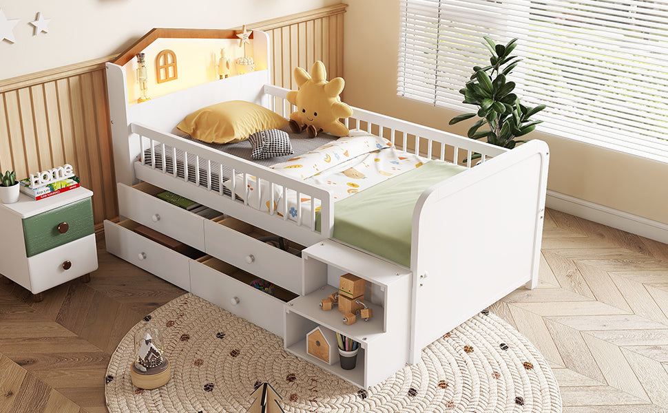 Low Loft Bed with LED Lights, Wooden Twin Loft Bed with House Shape Headboard, Kids Loft Bed with Storage Drawers, White (Expect Arrival Date 2025/1/20)