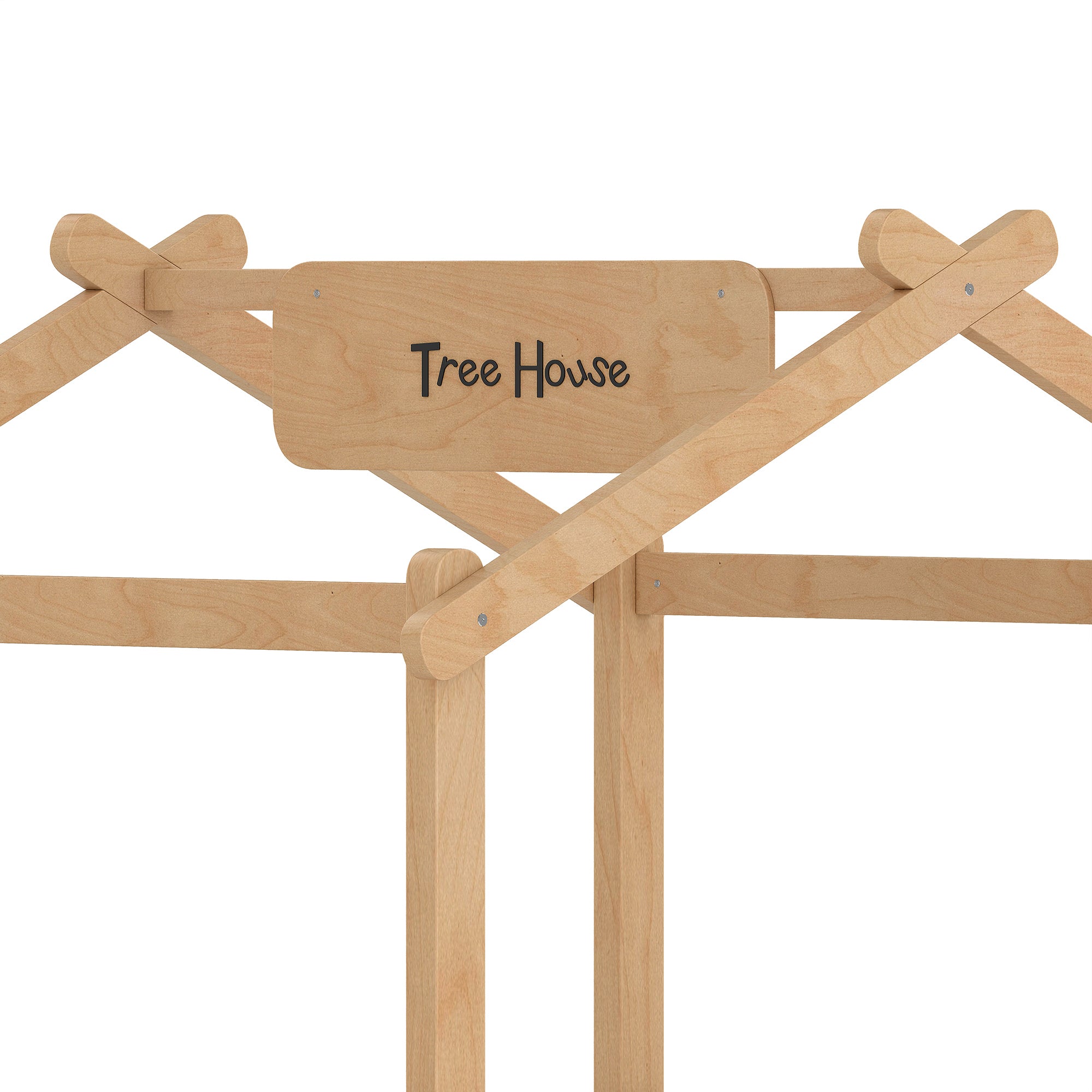 Twin Size Floor Bed with Guardrails and Roof, Kids House Floor Bed with a Small Built-in Tray and Free-installed Signboard, Childlike Design, Natural