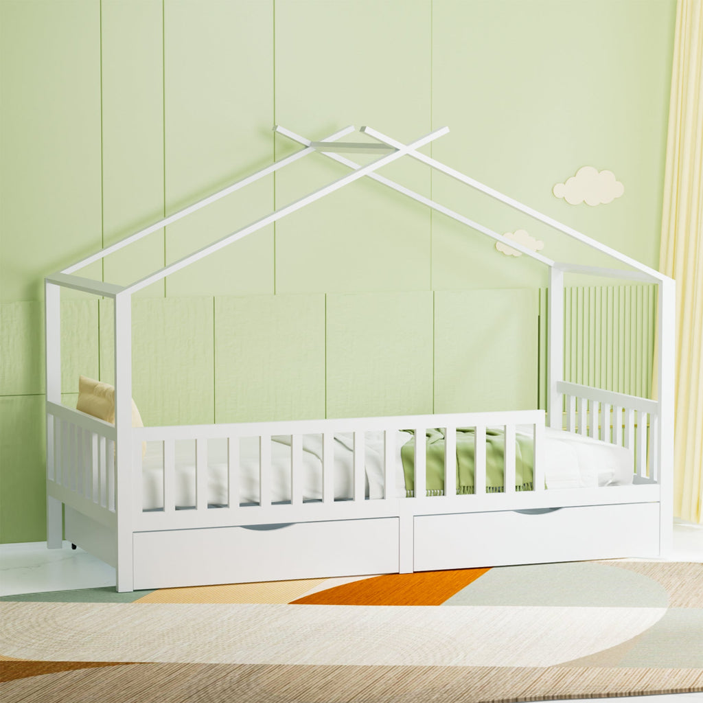 Full House Bed with 2 Storage Drawers, Kids Full Bed Frame with Rails and Roof, Tent Bed, Wooden Full Daybed, Full Montessori Bed for Kids Teens Girls & Boys, No Box Spring Needed (White)