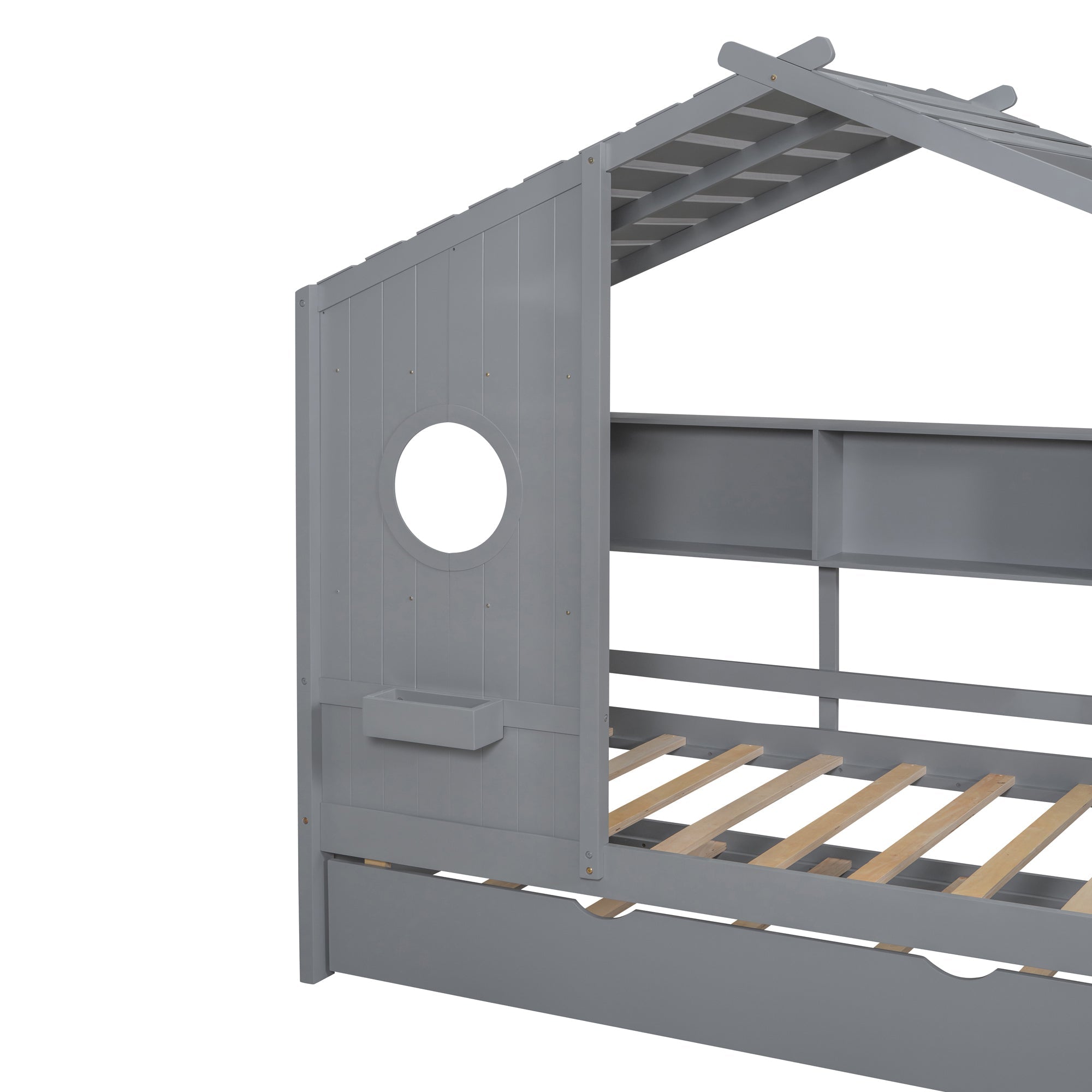Wooden Twin Size House Bed With Trundle, Modern Design for Kids with Storage Shlef, Gray(old SKU HL000094AAE)