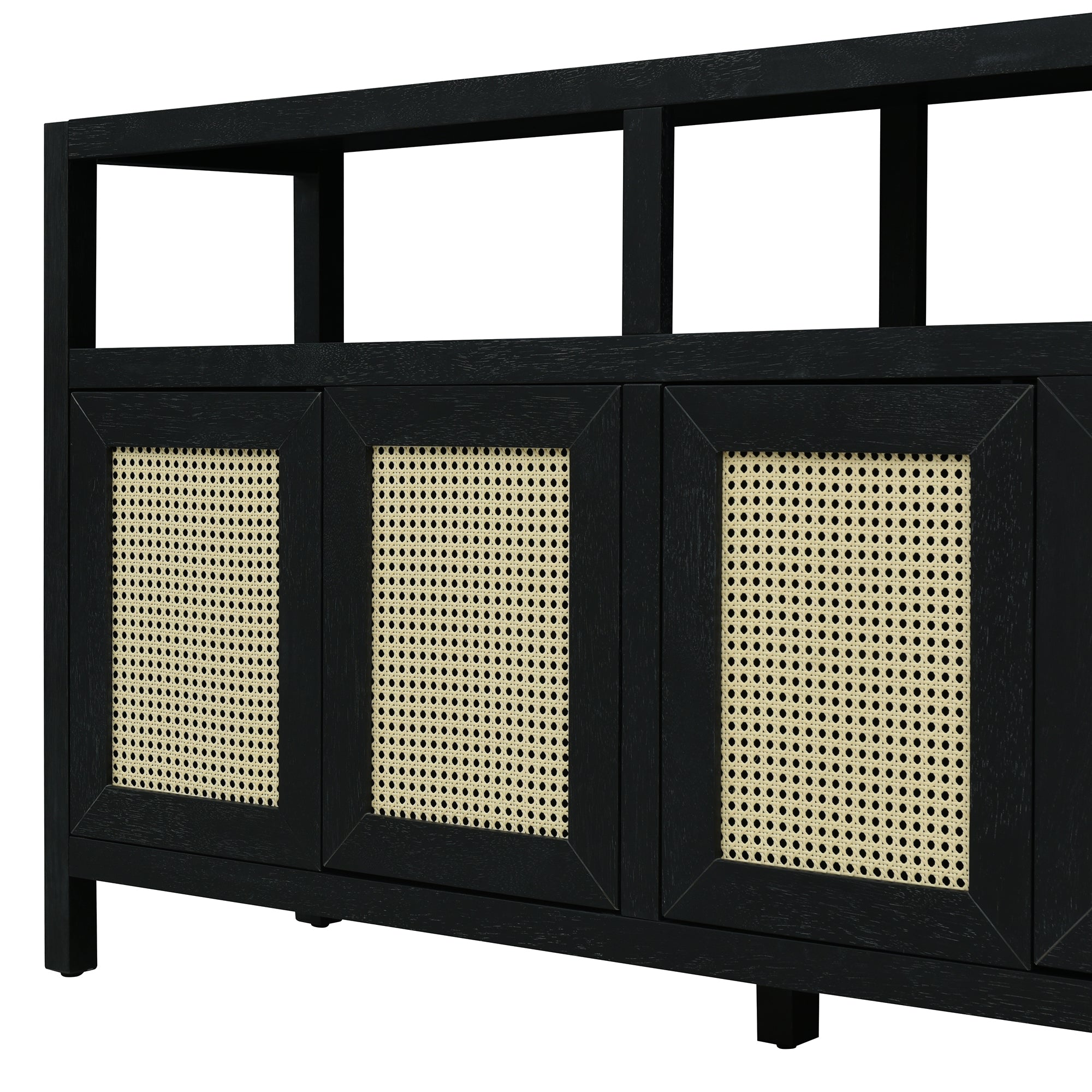 TREXM Bohemian Style Rattan Buffet Storage Cabinet with Solid Wood Frame, Sideboard with 3-position Adjustable Shelves for Living & Dining Rooms, No-Handle Push-to-Open Design (Black)