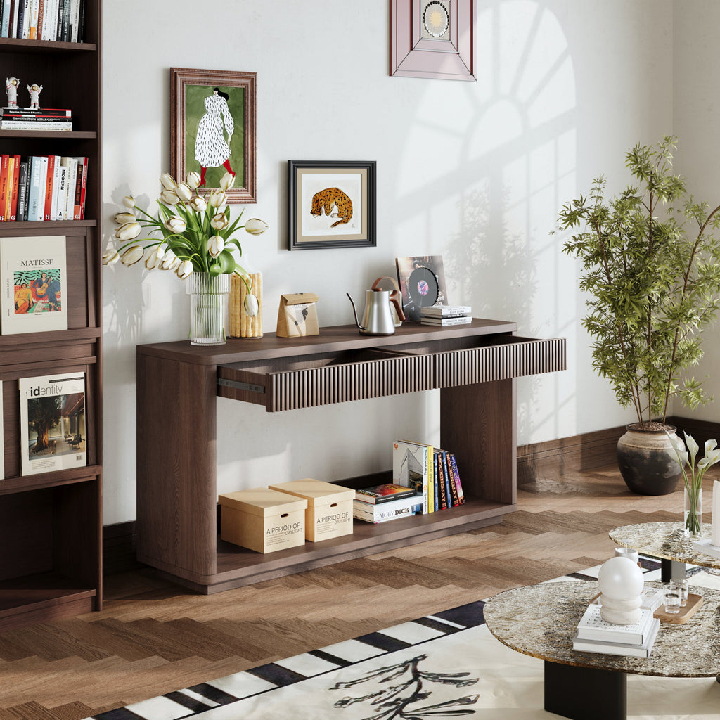 60' Modern 2-Drawer Fluted Console Table Natural Wood Veneer Sofa Table Behind Couch Table for Living Room, Hallway, Entryway, Home Office, Walnut