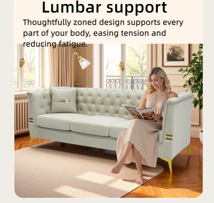 FX-P83-2PC SOFA -CW4  Modern Velvet Upholstered Sofa Set of 2, Cream White 3-Seater Sofas with Gold Metal Legs Contemporary Living Room Furniture for Family Homes, Apartments, and Lounge Spaces