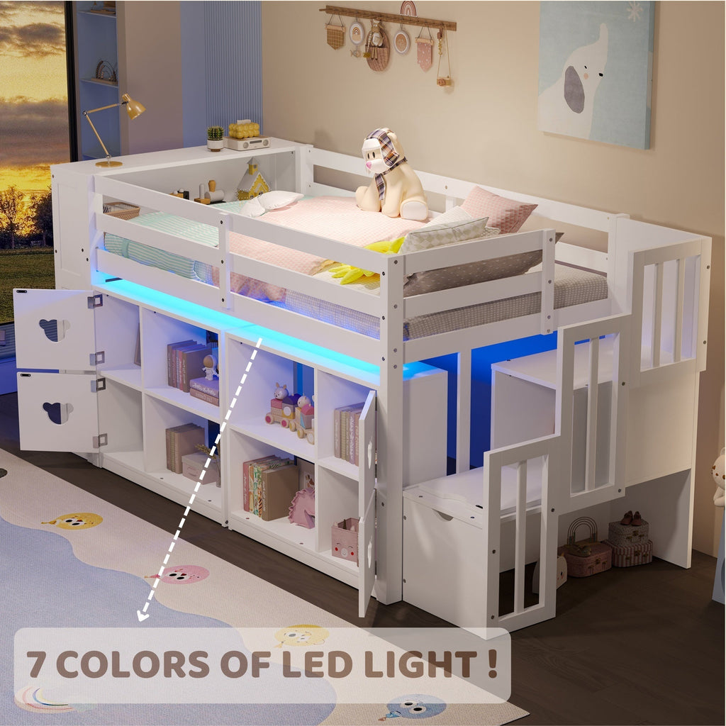 Kids Twin Loft Bed with Storage Cabinets, Staircase Drawers & LED Lights – Solid Wood Low Loft Bed with Shelves, Guardrails, and Fun Bear Handles – Space-Saving Design for Boys & Girls Bedroom (White)