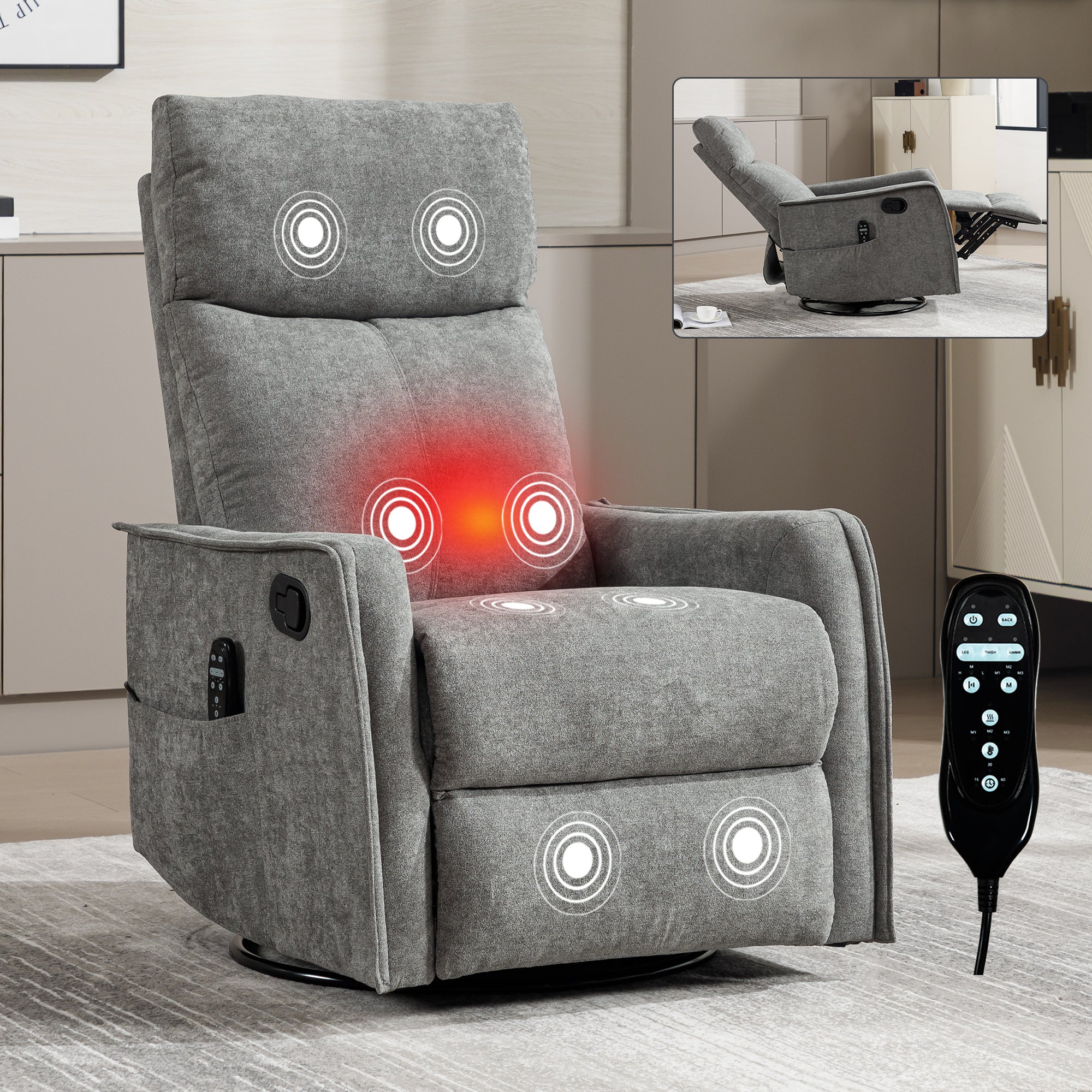 Heat Massage Manual Recliner Chair with Rocker and Swivel in Fabric for Living Room, Light Grey