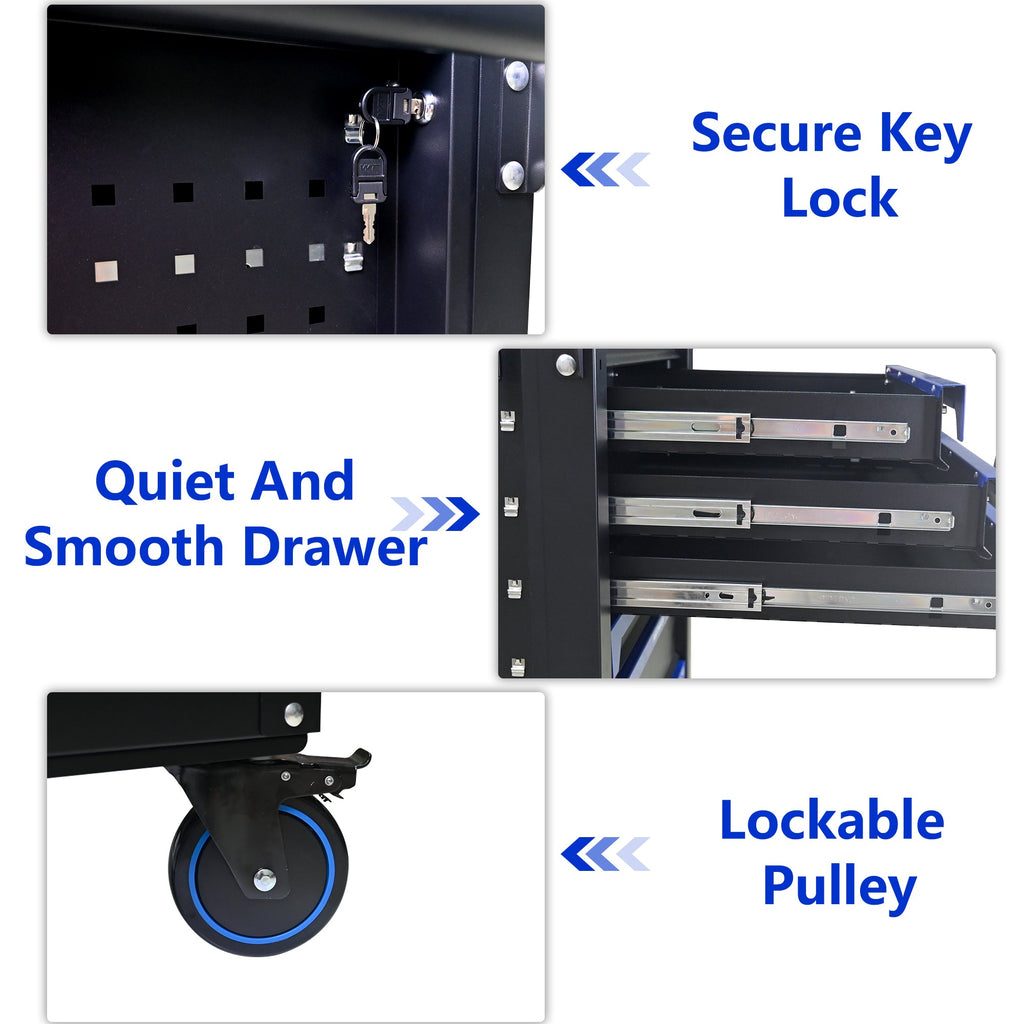 30-inch 7-drawer Iron-top Practical Rolling Steel Tool Cart, With Handle and Wheels, Storage Cabinet for Garages, Warehouses, Repair Shops, Requires Assembly of the the Tool Cart - Black & Blue
