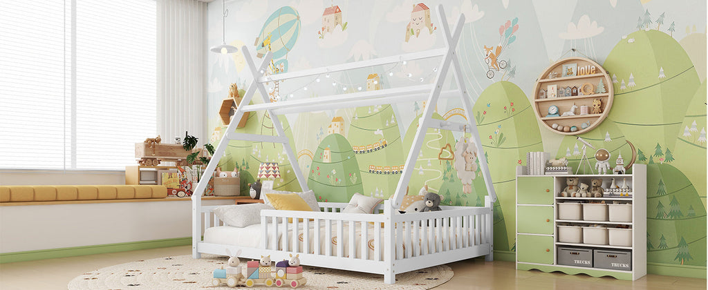 Full House Bed with Light, Low Floor House Bed with Fence and Roof for Kids Boys Girls,White(Expect arrive date 2025/7/20)