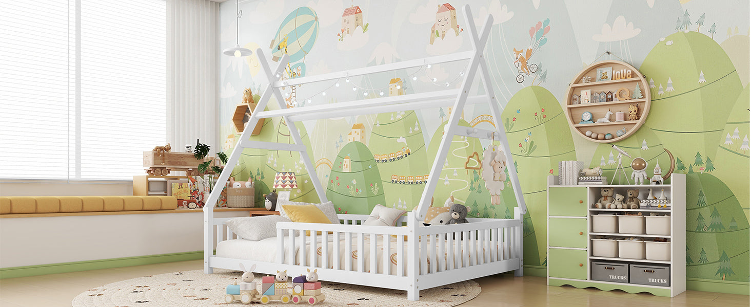 Full House Bed with Light, Low Floor House Bed with Fence and Roof for Kids Boys Girls,White(Expect arrive date 2025/7/20)