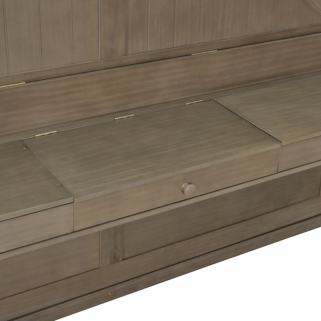 Queen Size Wall Murphy Bed with Storage, Foldable Cabinet Bed with Vanity Desk, Center Mirror & 2 Side Drawers, Distressed Gray