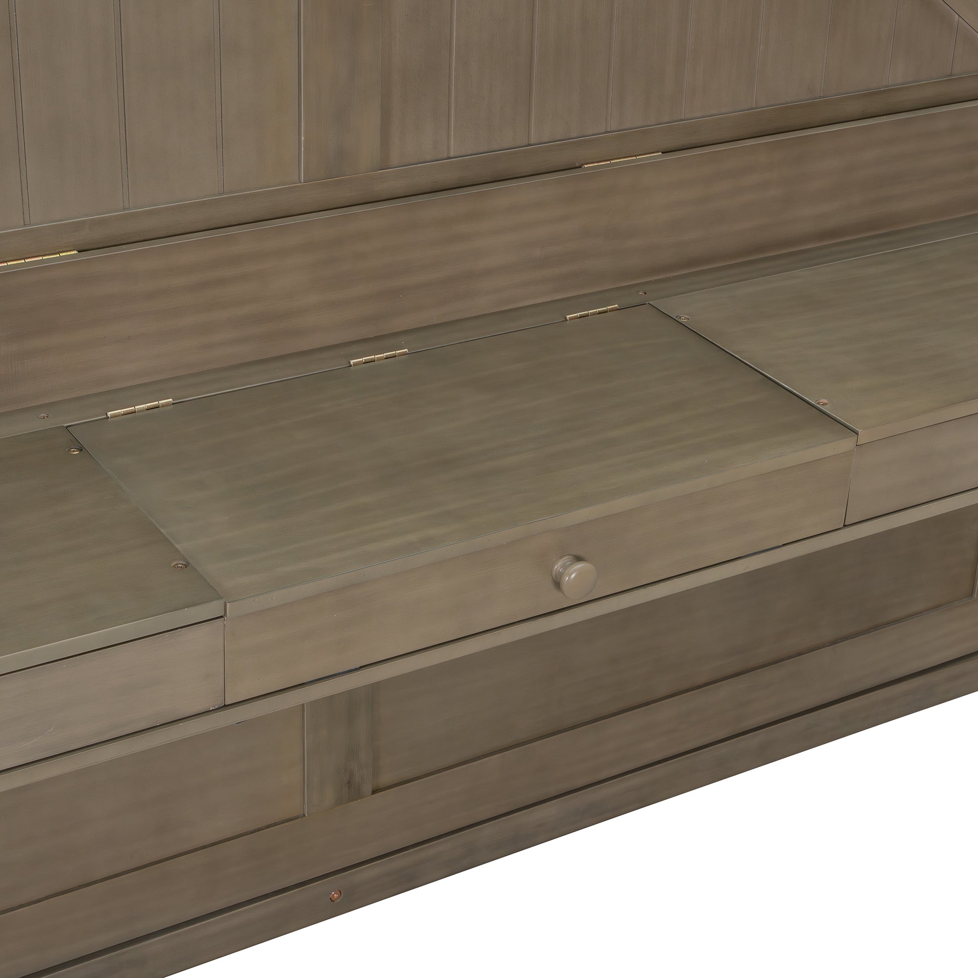 Queen Size Wall Murphy Bed with Storage, Foldable Cabinet Bed with Vanity Desk, Center Mirror & 2 Side Drawers, Distressed Gray