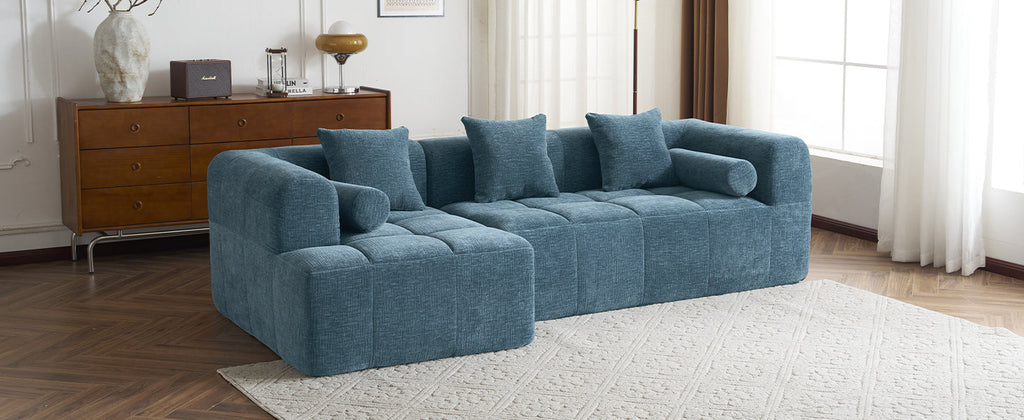 Modern Modular Sofa with Deep Seating, Two Side Pockets, and Plush Pillows in Blue Chenille Fabric, 101.2'