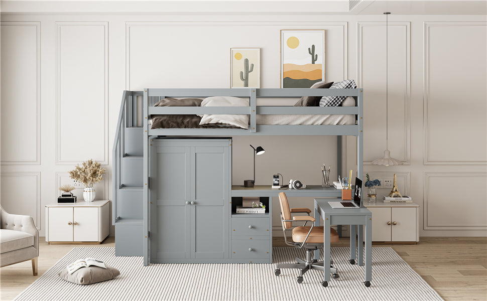 Full Size Loft Bed with Stairs, Bookshelf, Drawers, Desk & Wardrobe – Space-Saving Multifunctional Furniture for Kids & Teens-Gray