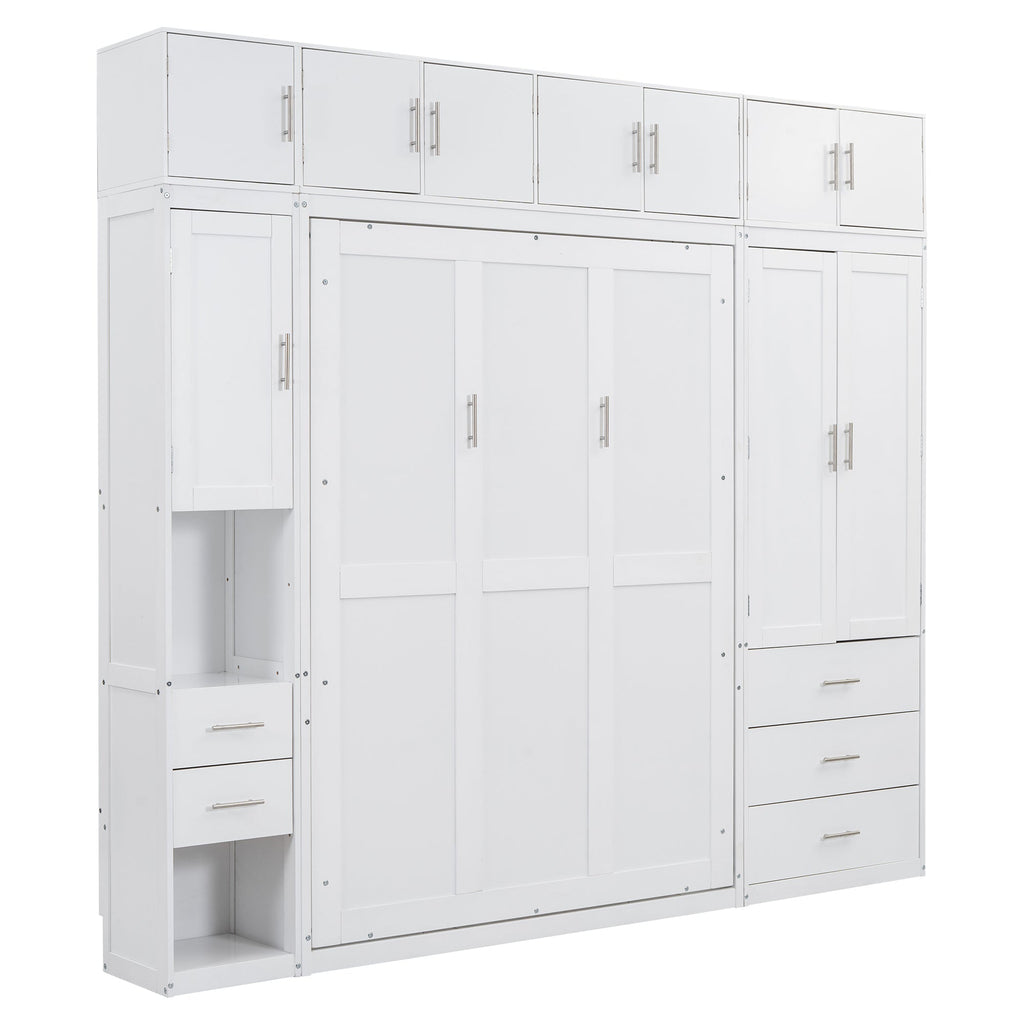 White Full Size Murphy Bed with Lockers and Wardrobes, MDF+Pine, 108.4''L x 15.7''W x 99''H
