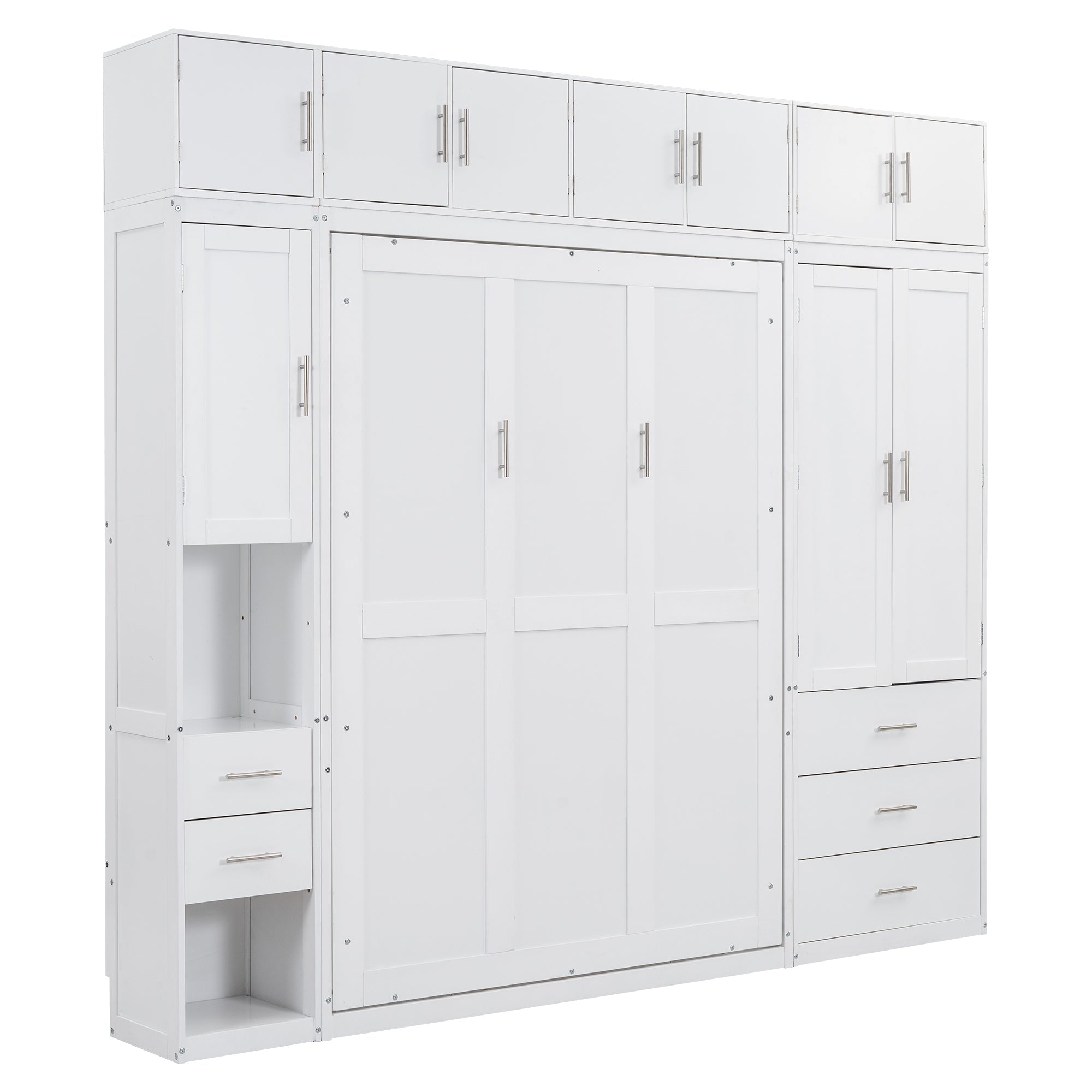 White Full Size Murphy Bed with Lockers and Wardrobes, MDF+Pine, 108.4''L x 15.7''W x 99''H