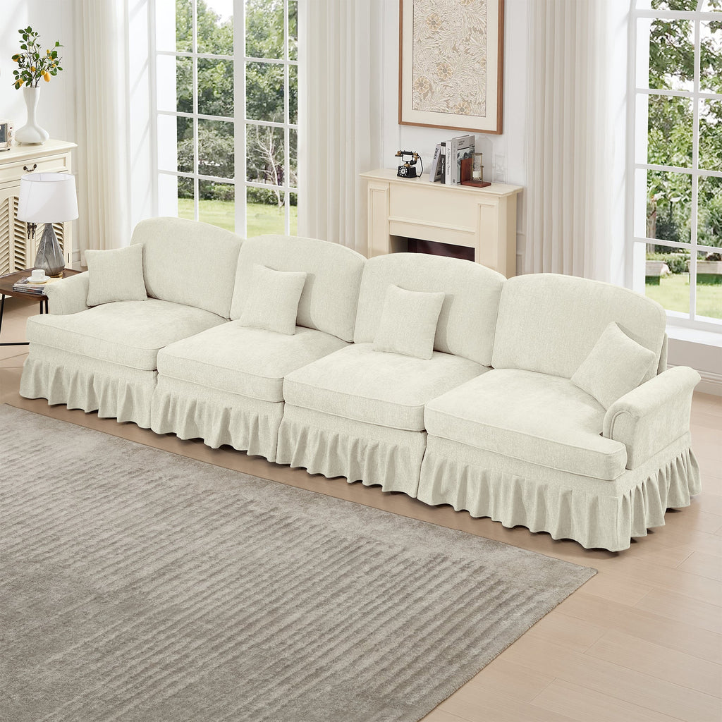 Elegant Mid Century Large 4 Seater Sofa Couch with Flared Arms and Removable Ruffles Pleats Skirts and Spindle Legs, Comfy Chenille Four-Seat Sofa for Living Room, Beige White