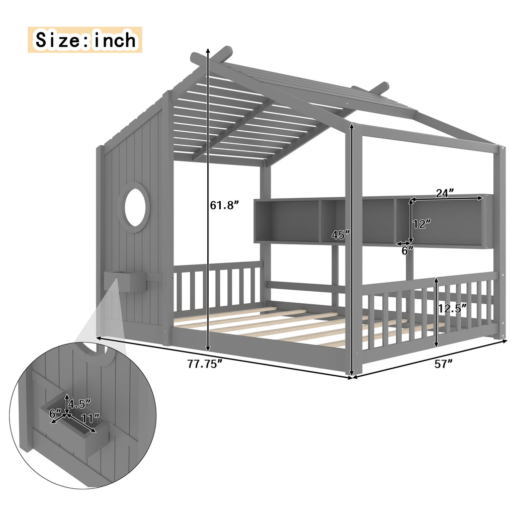 Full Size Floor House Bed for Toddler, Kids Montessori Bed  with Storage Shelf, Playhouse Bed with Roof Design, Gray