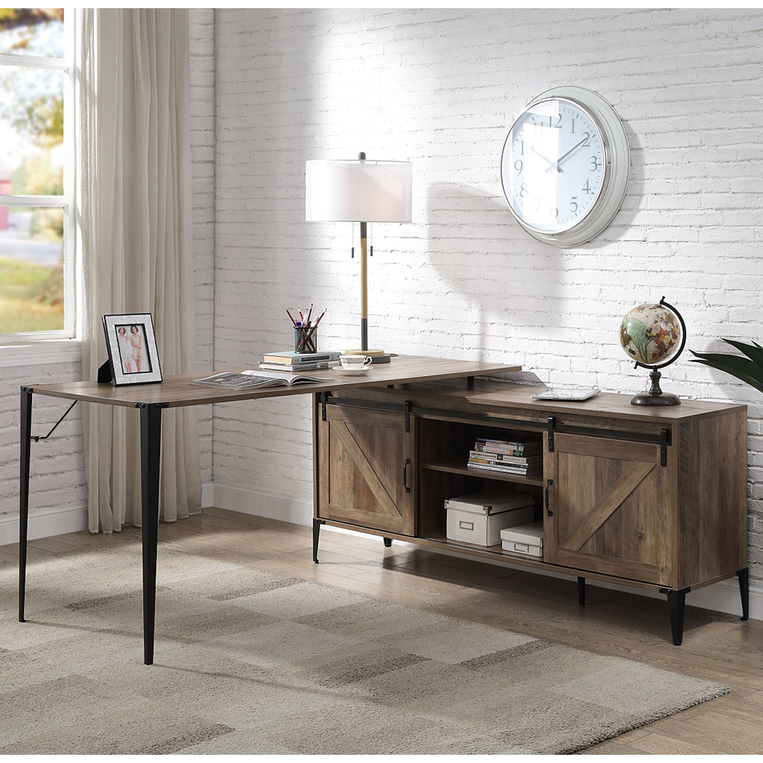 L-Shape Writing Desk with Cabinet, Rustic Oak and Black