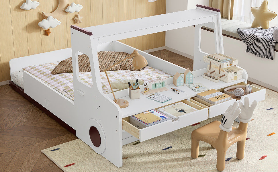 Full Size Floor Bed with Interesting Car-shape Design, Kids Car Floor Bed with Storage Drawers, Window, and Desk, Childlike Design, White