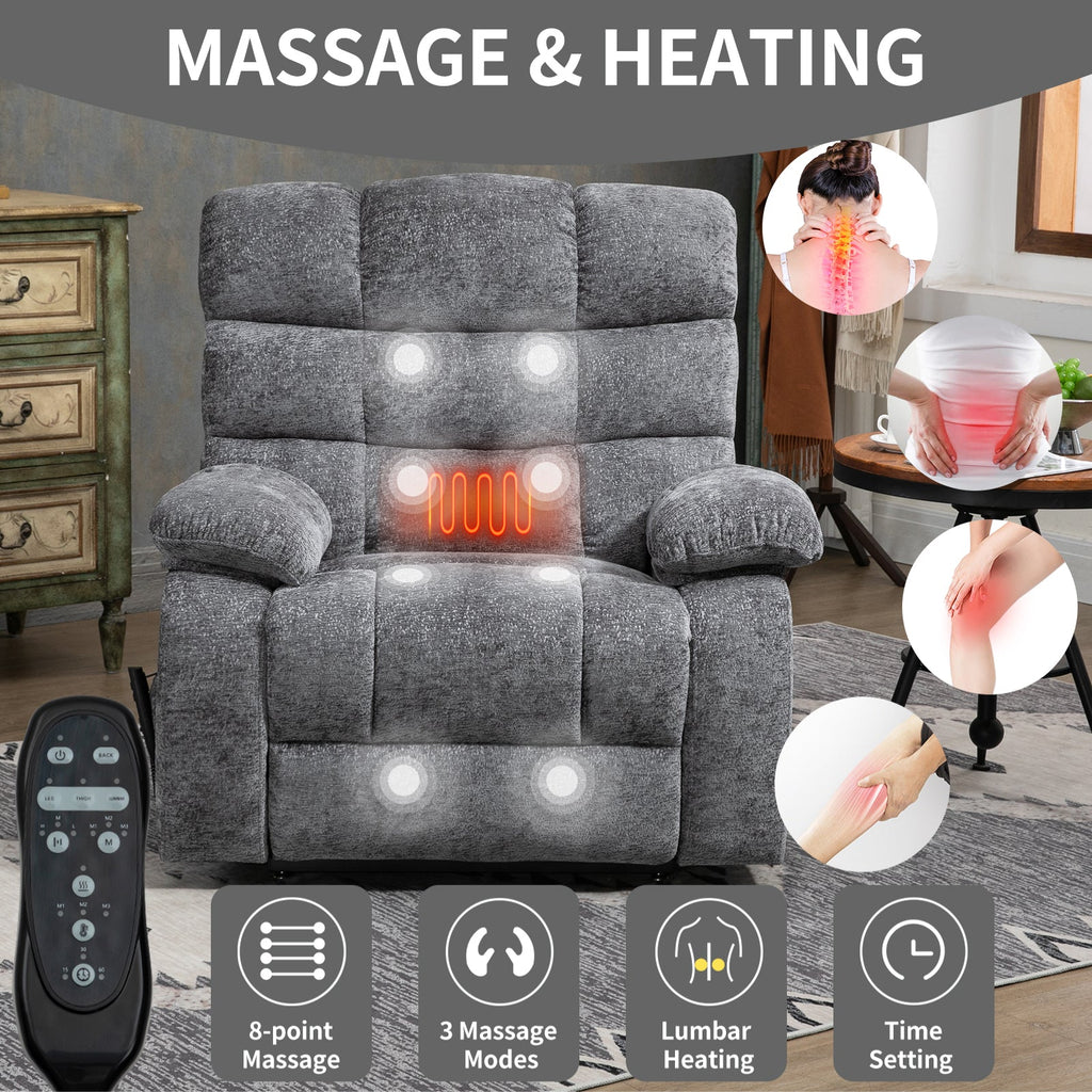 Lift Recliner Chair Heat Massage Dual Motor Infinite Position Up to 350 LBS Large Electric Power Lift Recliners with Power-Remote, Medium-firm and Heavy duty, Grey
