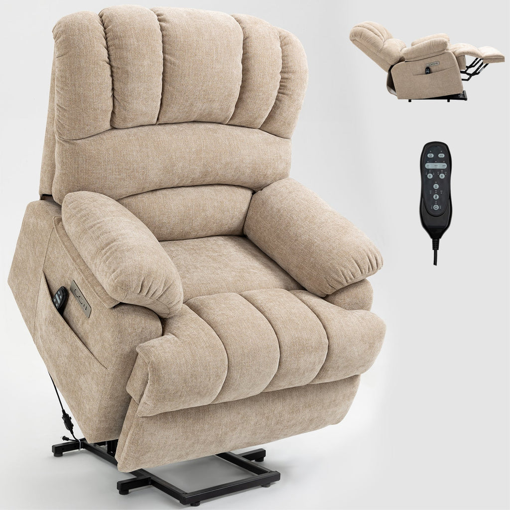 23' Seat Width and High Back Large Size Beige Chenille Power Lift Recliner Chair with 8-Point Vibration Massage and Lumbar Heating