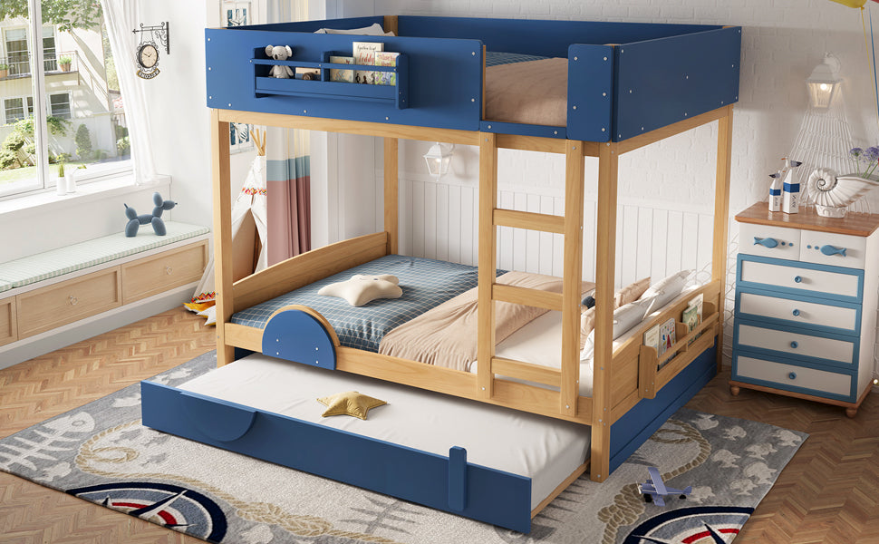 Full Bunk Bed with Trundle , Wood Bunk Bed Frame with Built-inBookshelf and High-quality Safety Guardrail,Automobile Form Design for Kids ,Blue＆Natural.