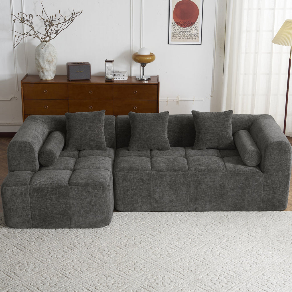 Modern Grey Modular Sectional Sofa with Deep Seating and Side Pockets in Chenille Fabric