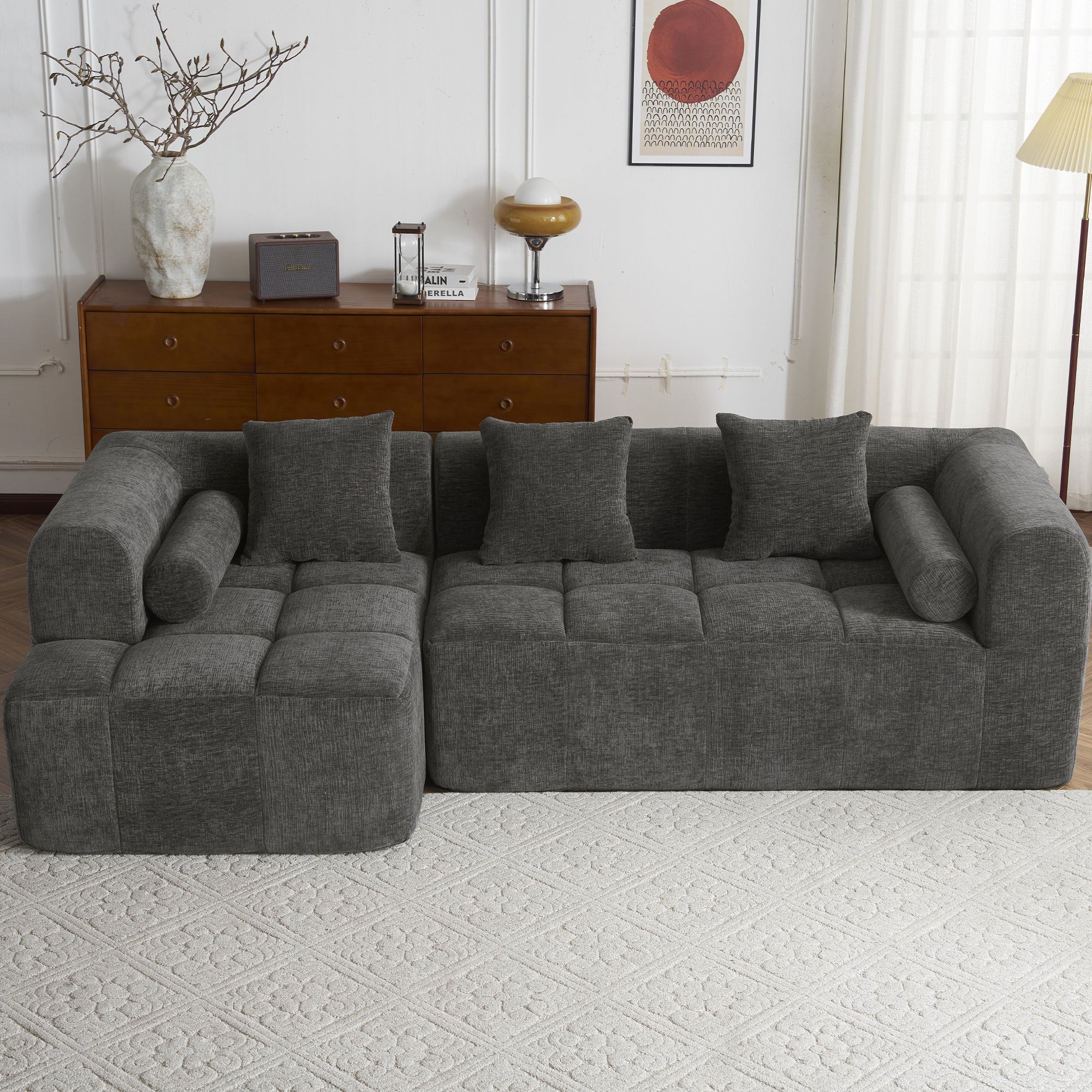 Modern Grey Modular Sectional Sofa with Deep Seating and Side Pockets in Chenille Fabric