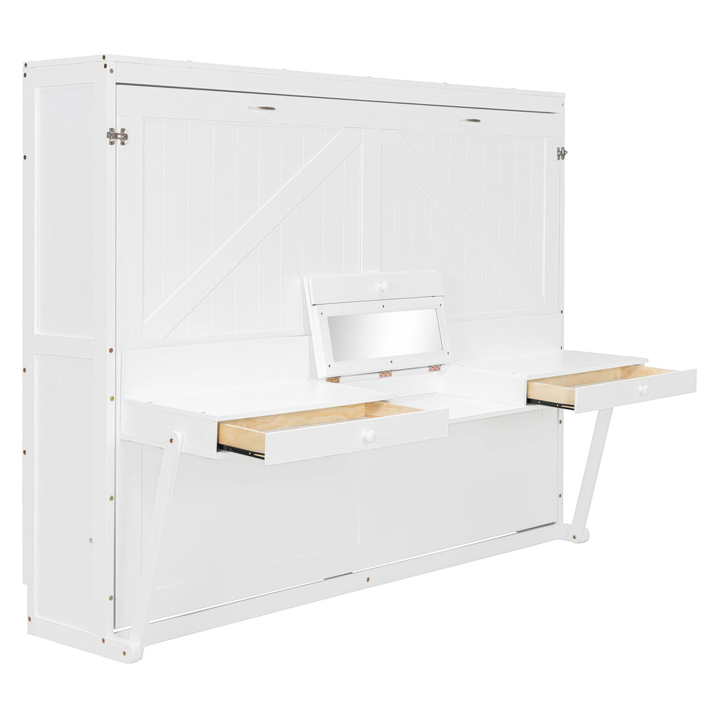 Queen Size Wall Murphy Bed with Storage, Foldable Cabinet Bed with Vanity Desk, Center Mirror & 2 Side Drawers, White