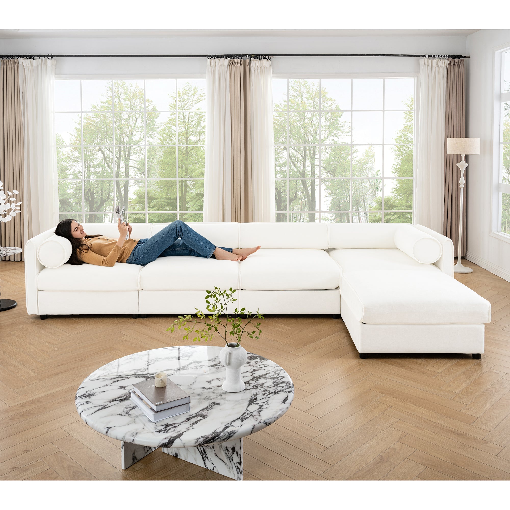 Modular Sectional Sofa with Storage, Cylindrical Backrest and Armrests Deep Comfortable Seating,Durable and Supportive for Living Room,4 Seat L- Shaped Sofa, White