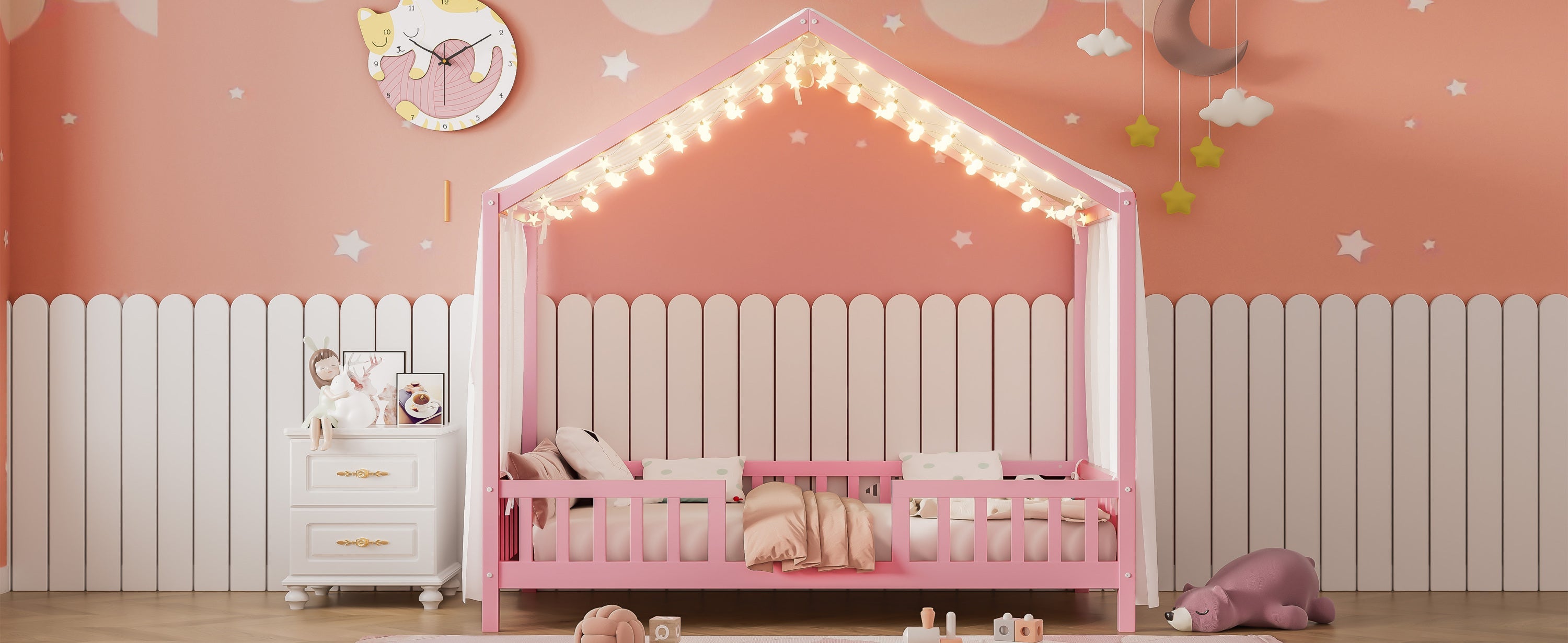 Montessori Floor Bed with Canopy, Twin Bed Frame for Kids, House Shape Kids Bed Frame with High Railings, Wood Kids Bed with Roof, Kid Twin Bed, Pink