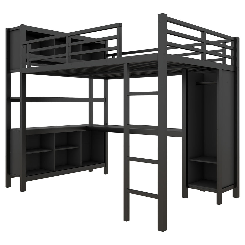 Metal Loft Bed with Wardrobe And L-shaped Desk, Full Size Loft Bed with Storage Cubes and Shelves, Heavy Duty Loft Bed for Kids Teens Adults, Black