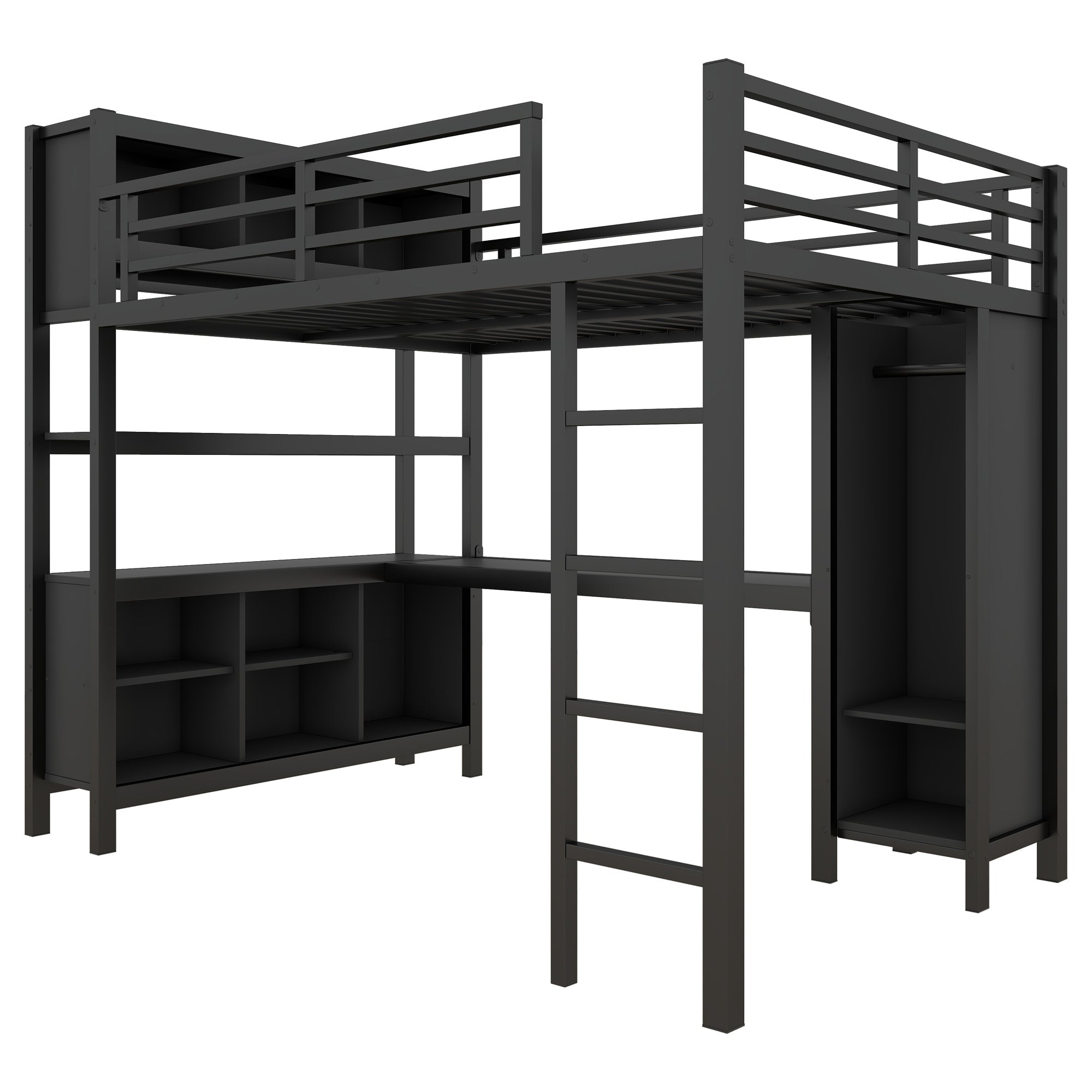 Metal Loft Bed with Wardrobe And L-shaped Desk, Full Size Loft Bed with Storage Cubes and Shelves, Heavy Duty Loft Bed for Kids Teens Adults, Black