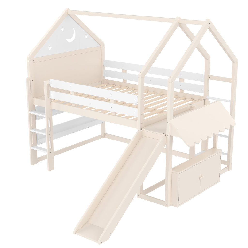 Full Size Loft Bed with Bookshelf Playful Design for Kids House-Shaped Structure with Slide High-Quality Safety Rails,Beige