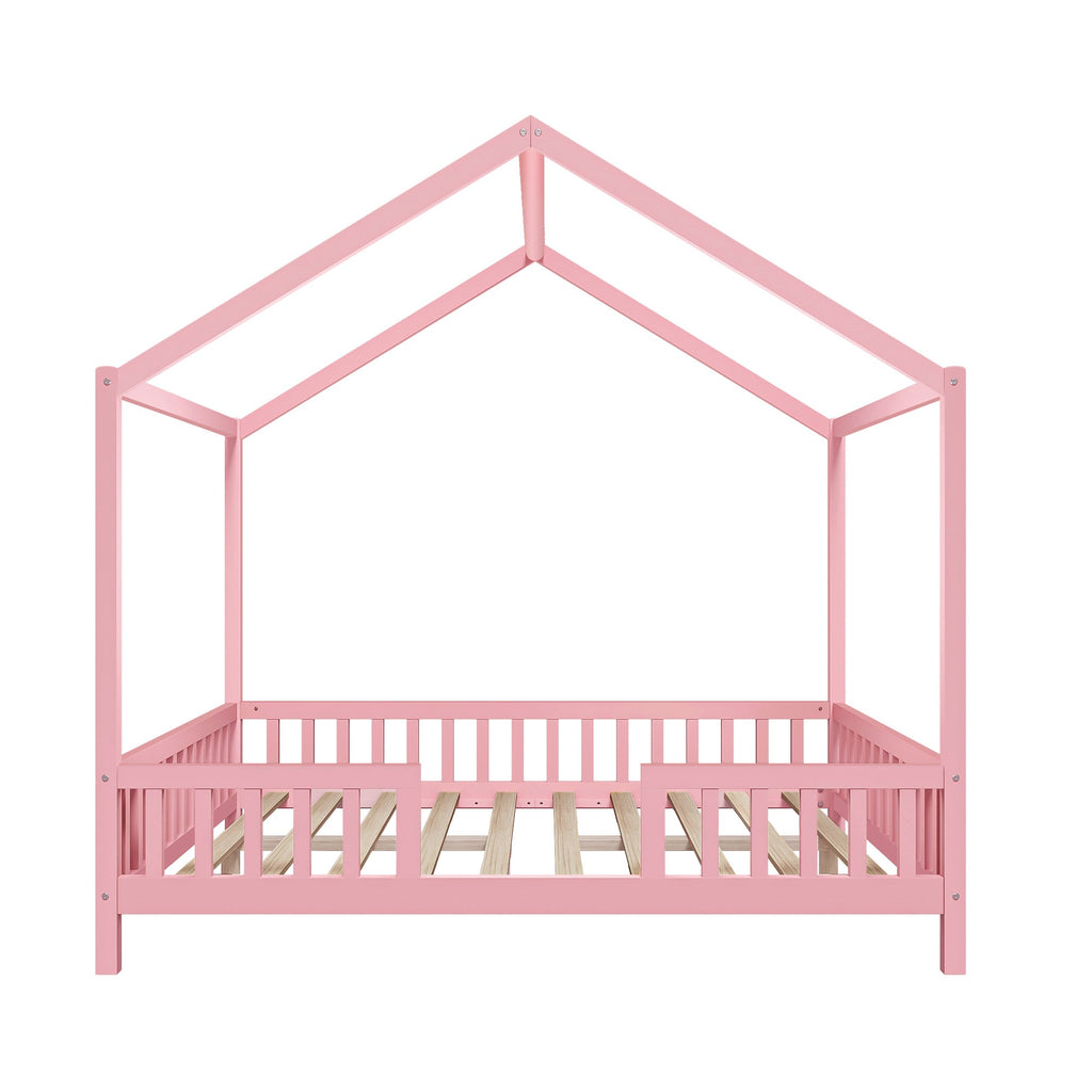 Montessori Floor Bed with Canopy, Full Bed Frame for Kids, House Shape Kids Bed Frame with High Railings, Wood Kids Bed with Roof, Kid Full Bed, Pink