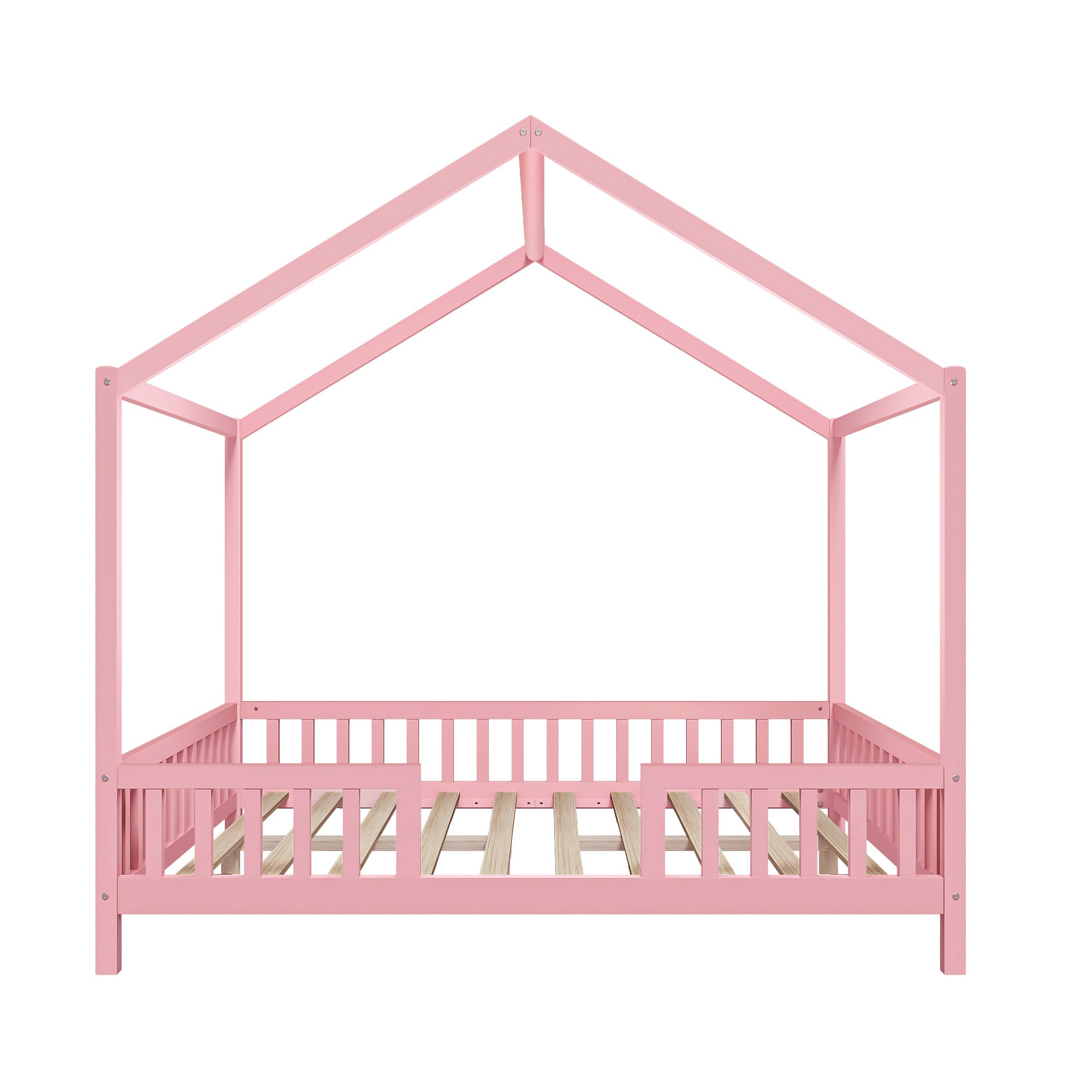 Montessori Floor Bed with Canopy, Full Bed Frame for Kids, House Shape Kids Bed Frame with High Railings, Wood Kids Bed with Roof, Kid Full Bed, Pink