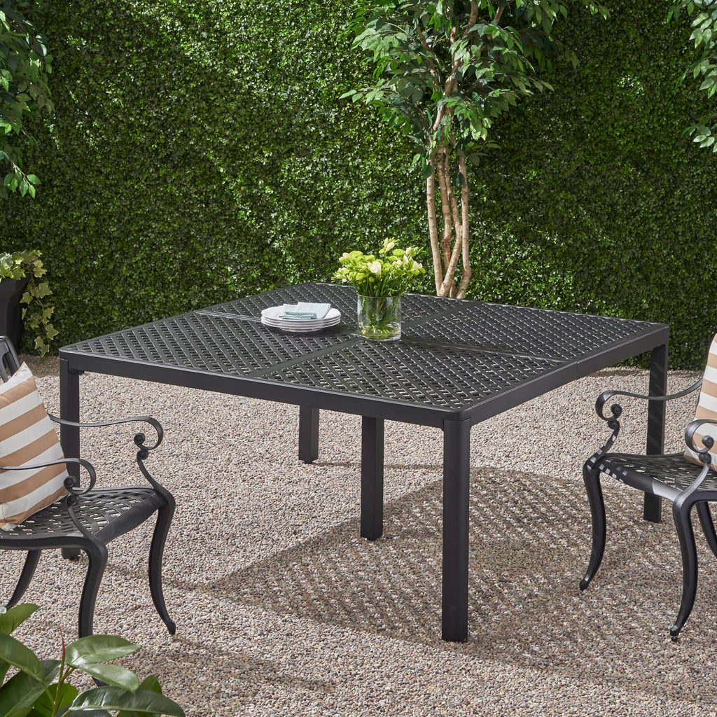 Modern Outdoor Dining Table with Woven Accents in Antique Matte Black Aluminum